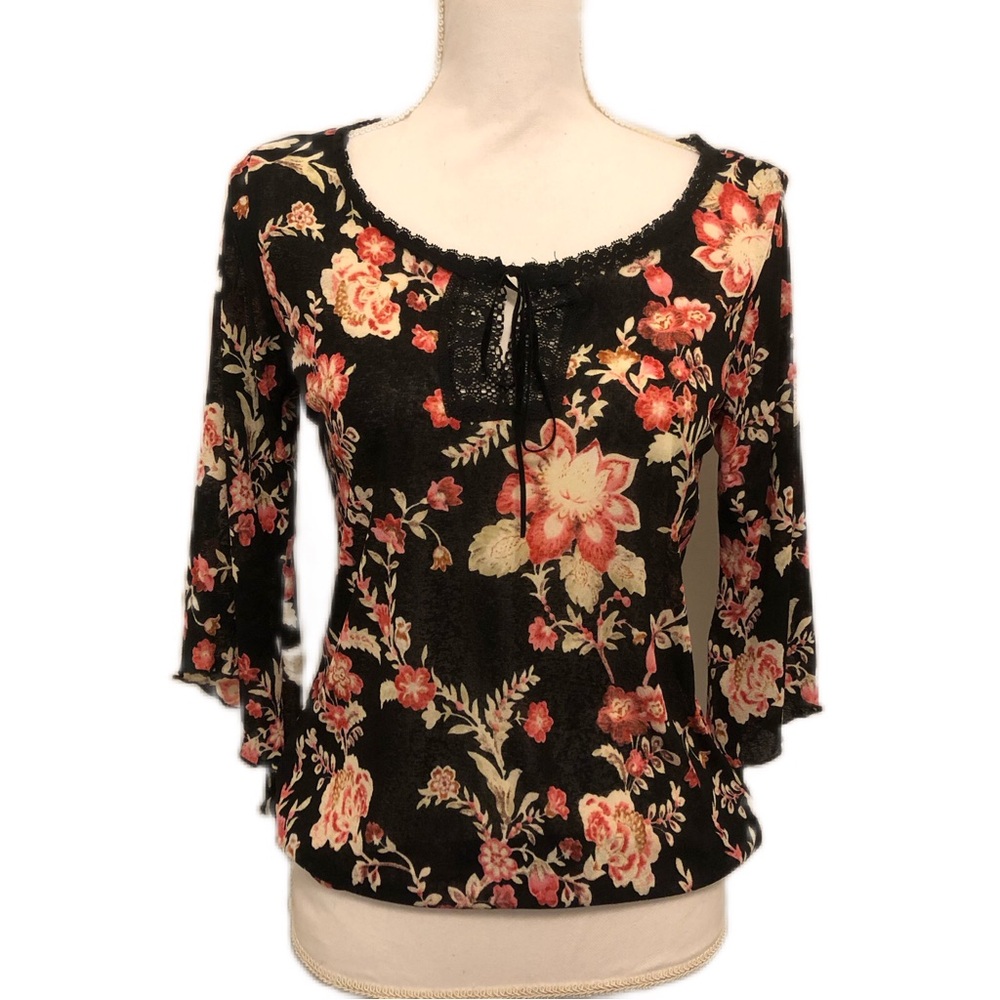 JKLA California Black Floral Sheer Pullover Size Large Top Shirt